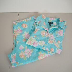 Lauren Ralph Lauren Women's Classic Blue Floral Capri Pajama Set Sz Large Cotton